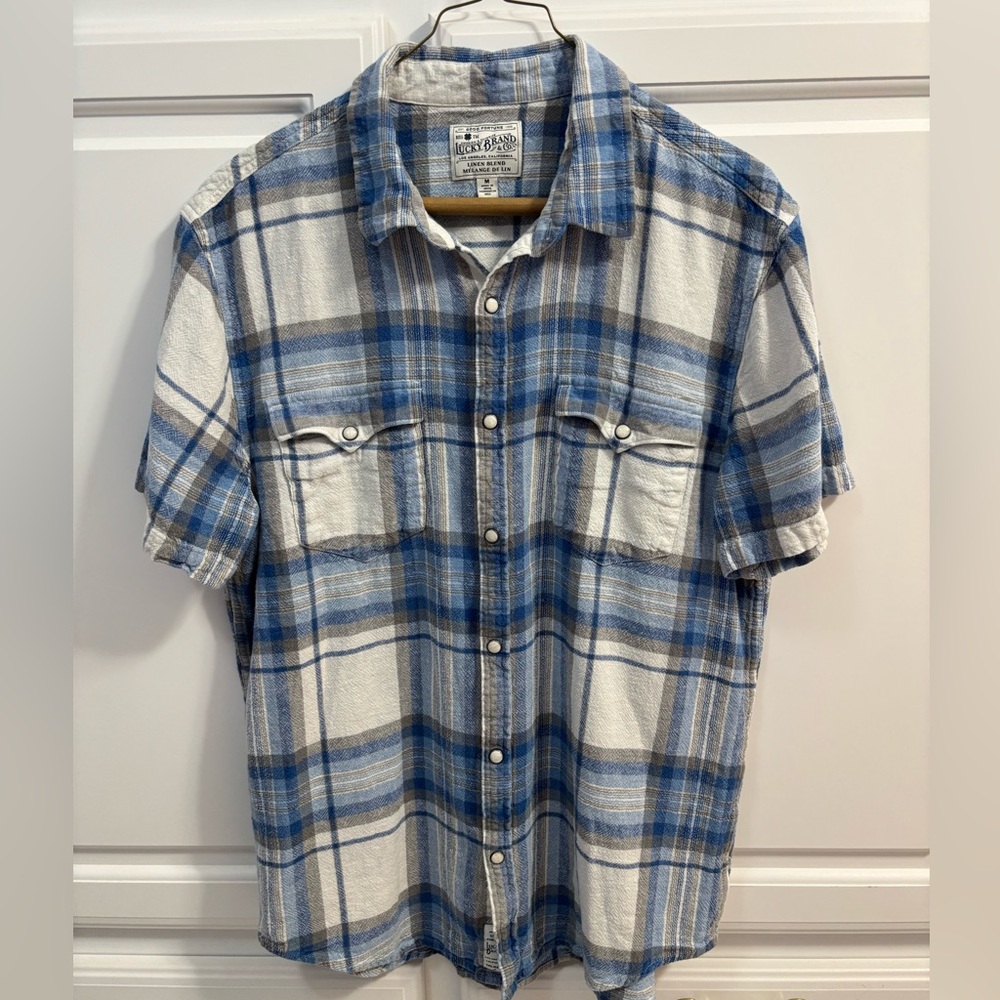 Lucky Brand Western Linen Blend Blue Plaid Snap Up Short Sleeve Men’s Size M